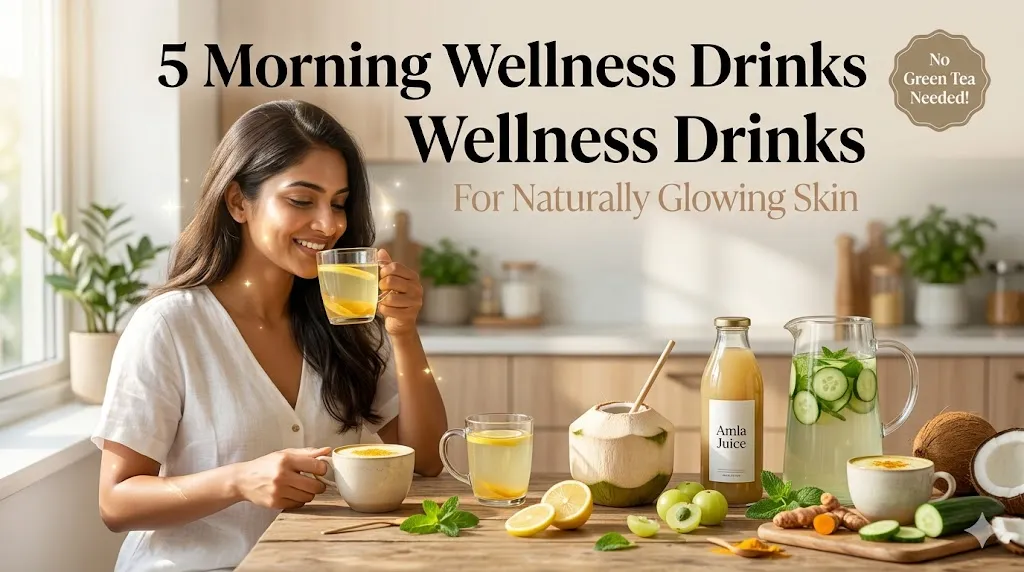 5 morning wellness drinks for naturally glowing skin including amla juice, coconut water, turmeric milk, lemon water, and cucumber infused water