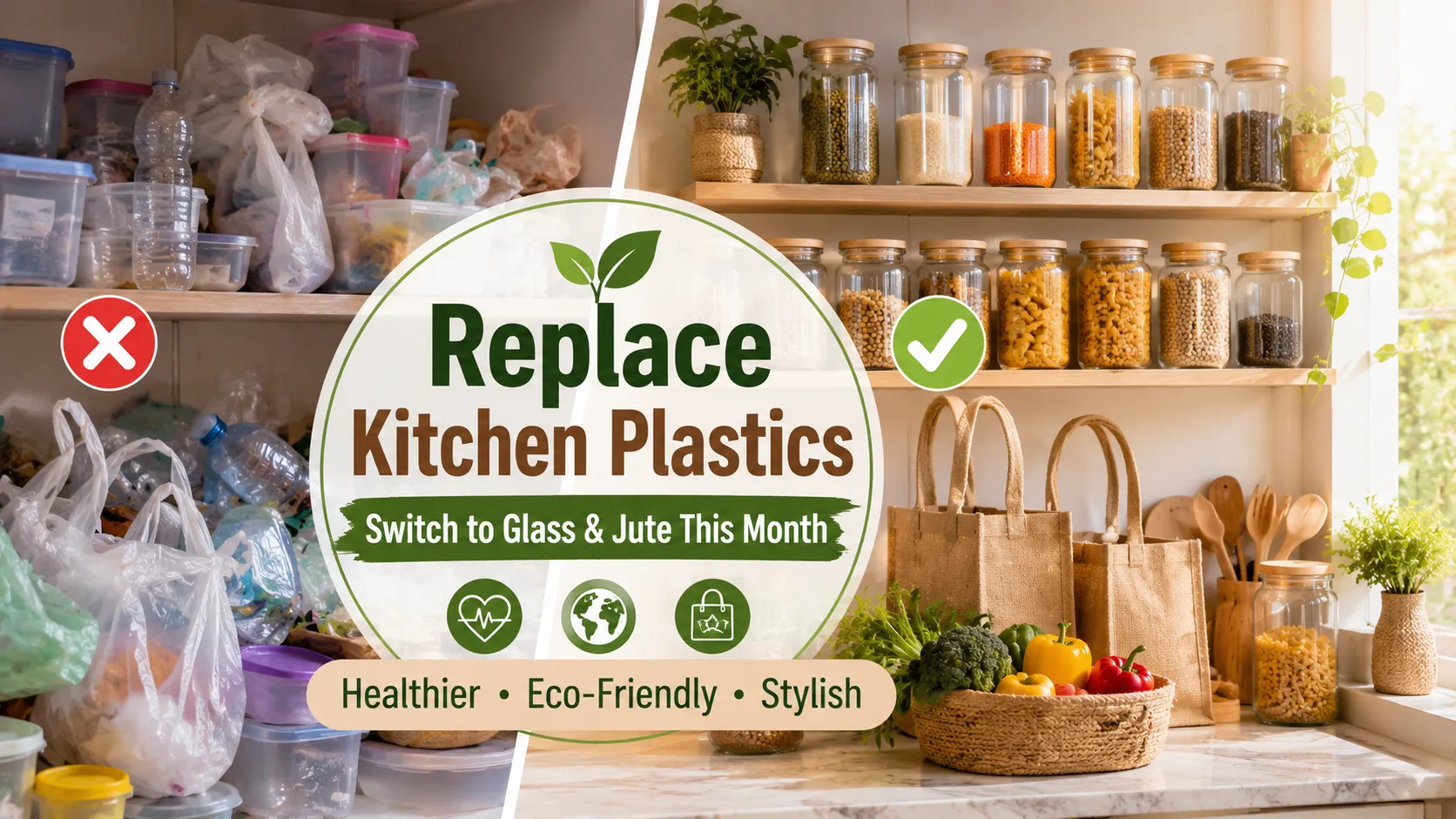 Glass jars and jute bags replacing plastic containers in a modern eco-friendly kitchen