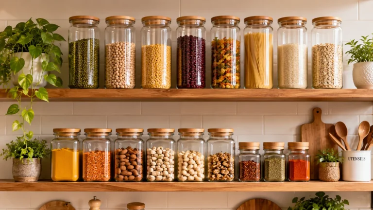 glass jars on a kitchen shelf