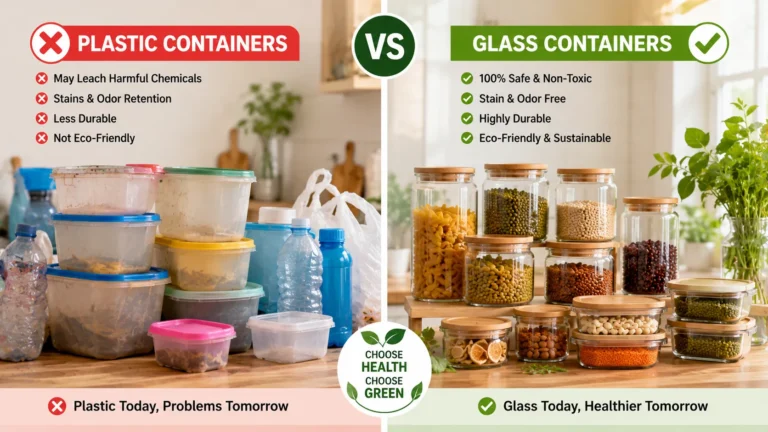 side-by-side of plastic vs glass containers