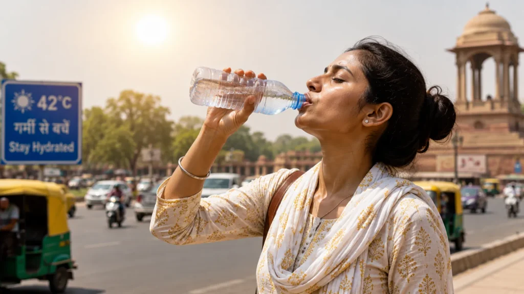 woman drinking water in summer heat India
