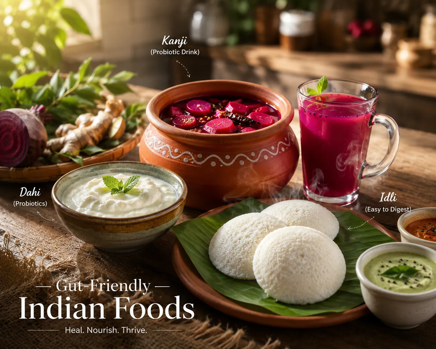 best Indian foods for gut health dahi kanji idli