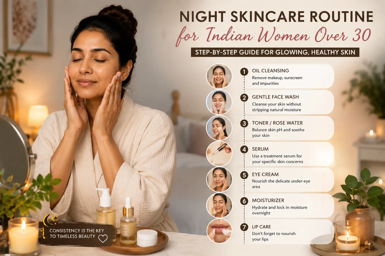 night skincare routine for Indian women over 30 step by step