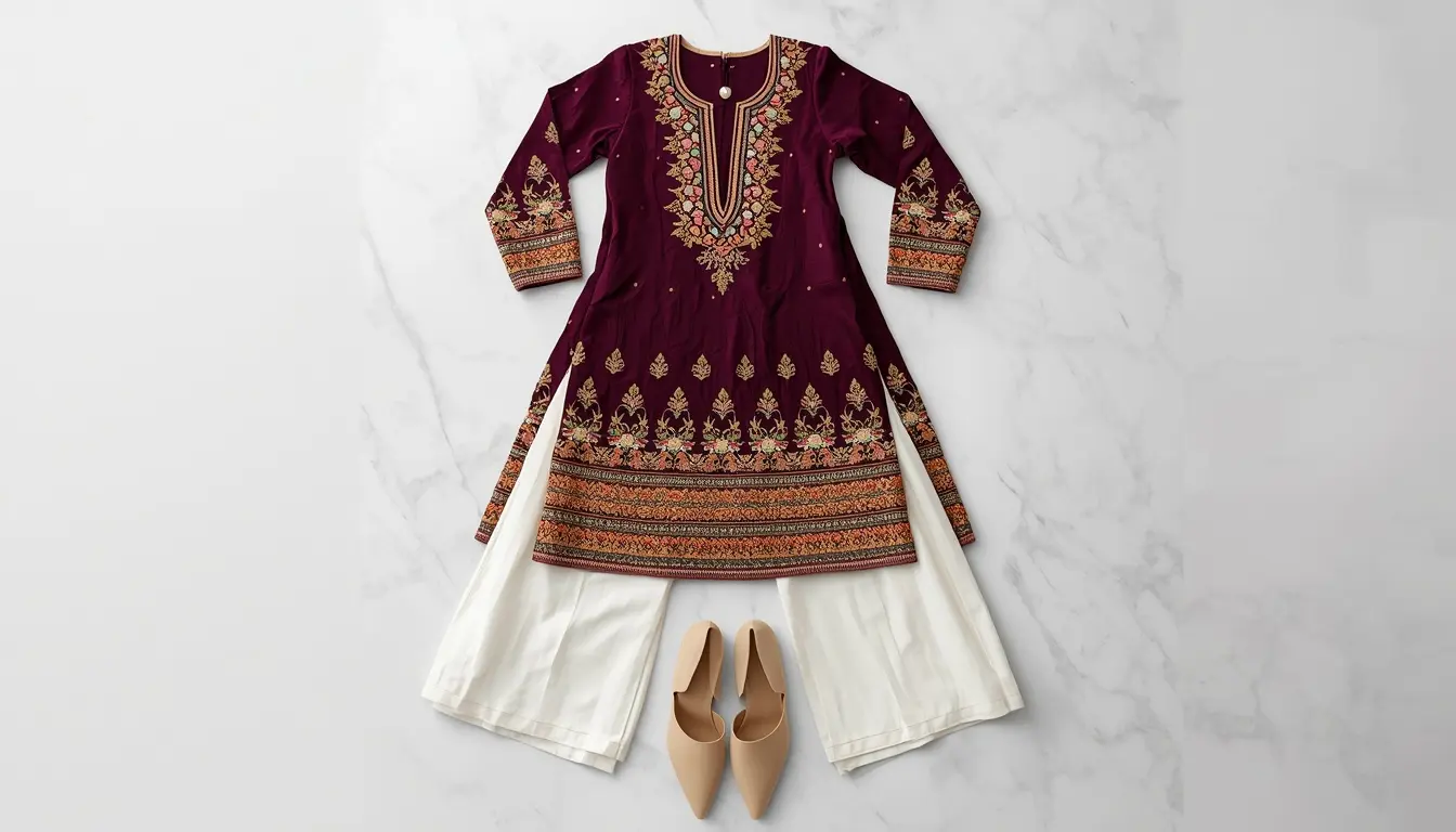 embroidered kurta with white wide leg trousers Indian statement look