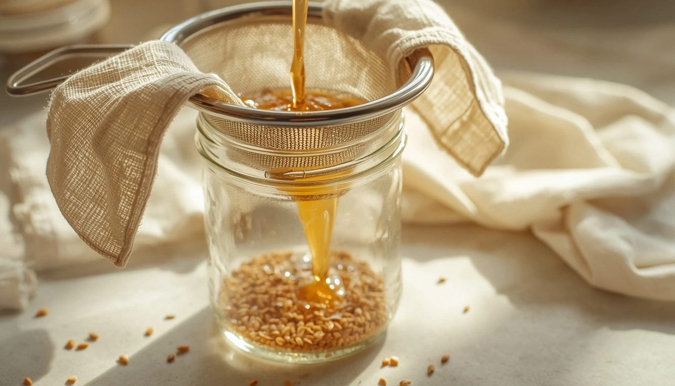 straining flaxseed gel through muslin cloth glass jar India