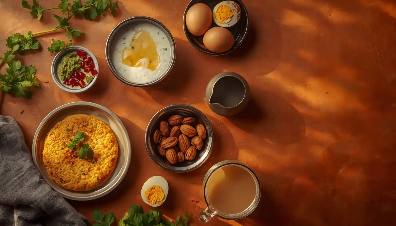 high protein Indian breakfast besan cheela eggs dahi morning energy