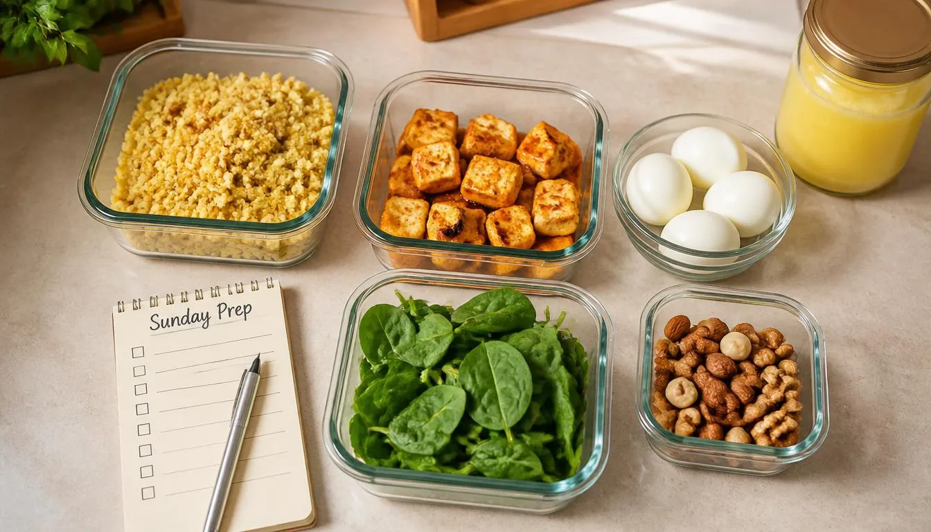 Indian keto meal prep Sunday paneer tikka cauliflower rice boiled eggs