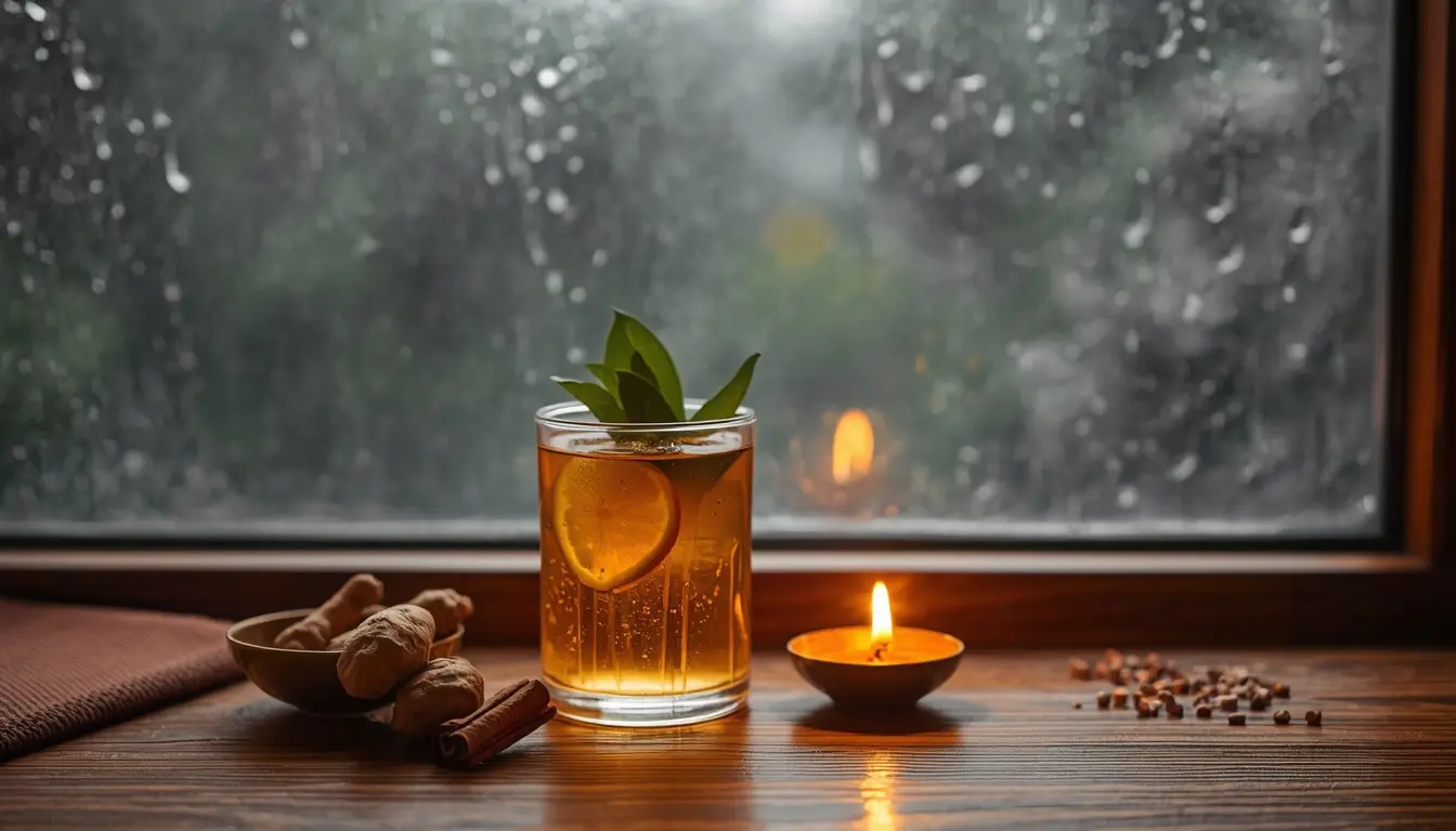 monsoon morning routine India warm water ginger tulsi indoor yoga rainy day