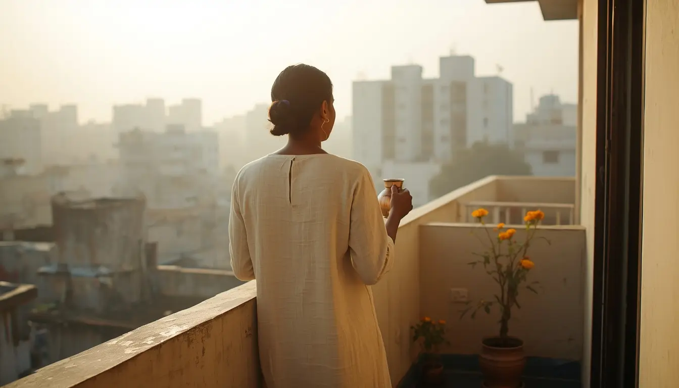 Indian woman morning natural light balcony circadian rhythm energy routine