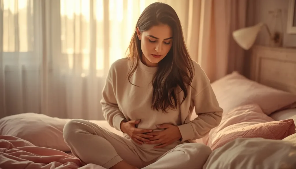 Indian woman experiencing PMS cramps holding her abdomen while sitting on bed